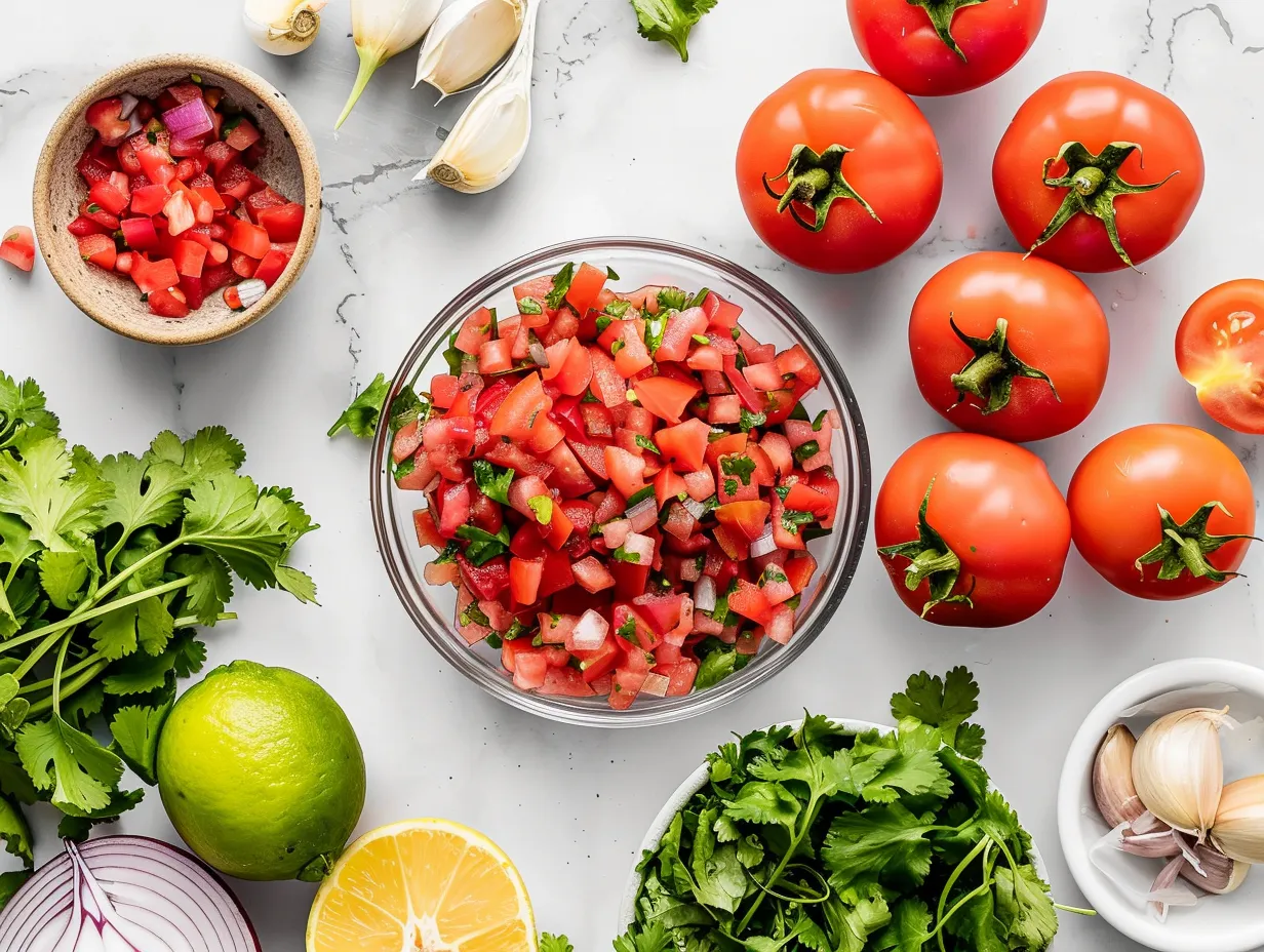 Fresh ingredients for pico de gallo on a marble surface