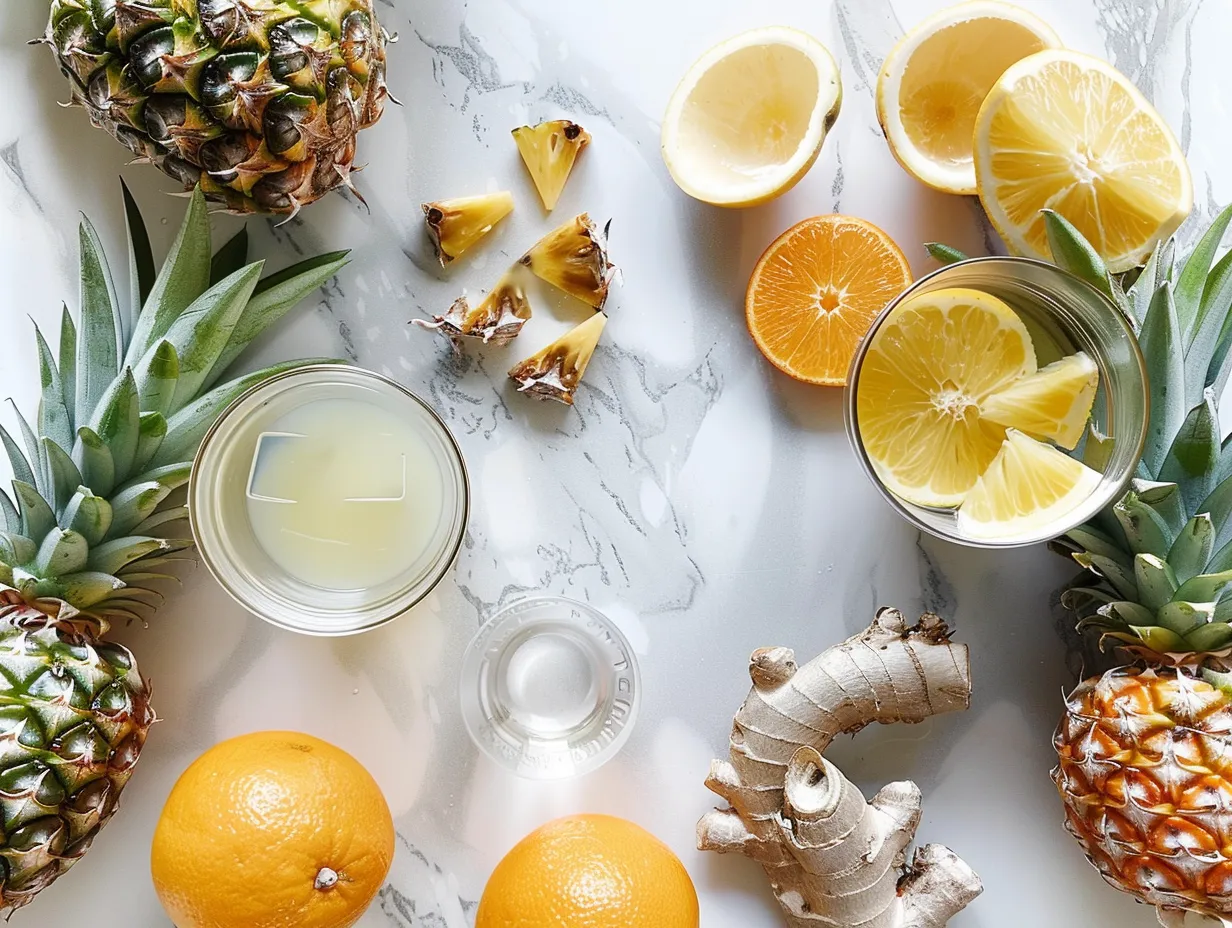 Fresh pineapple, mint, ginger, and lime arranged as ingredients for infused water