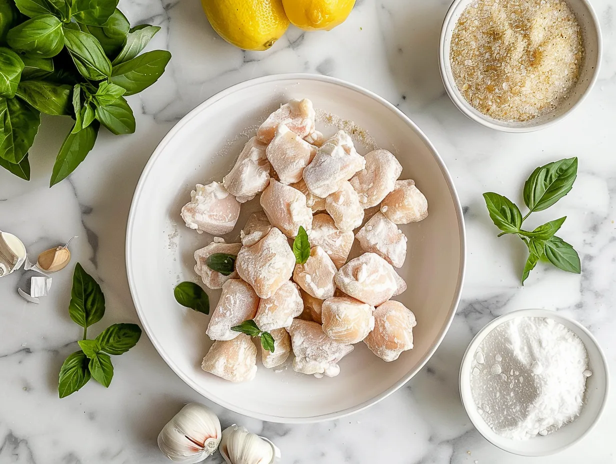 Fresh ingredients for homemade popcorn chicken, including chicken, spices, flour, buttermilk, and oil.