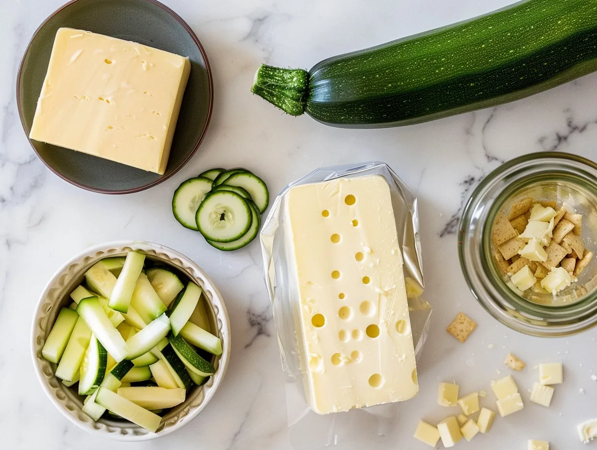 Fresh zucchini, onions, butter, cheese, and Ritz crackers laid out for making Ritz Cracker Zucchini Cheddar Casserole
