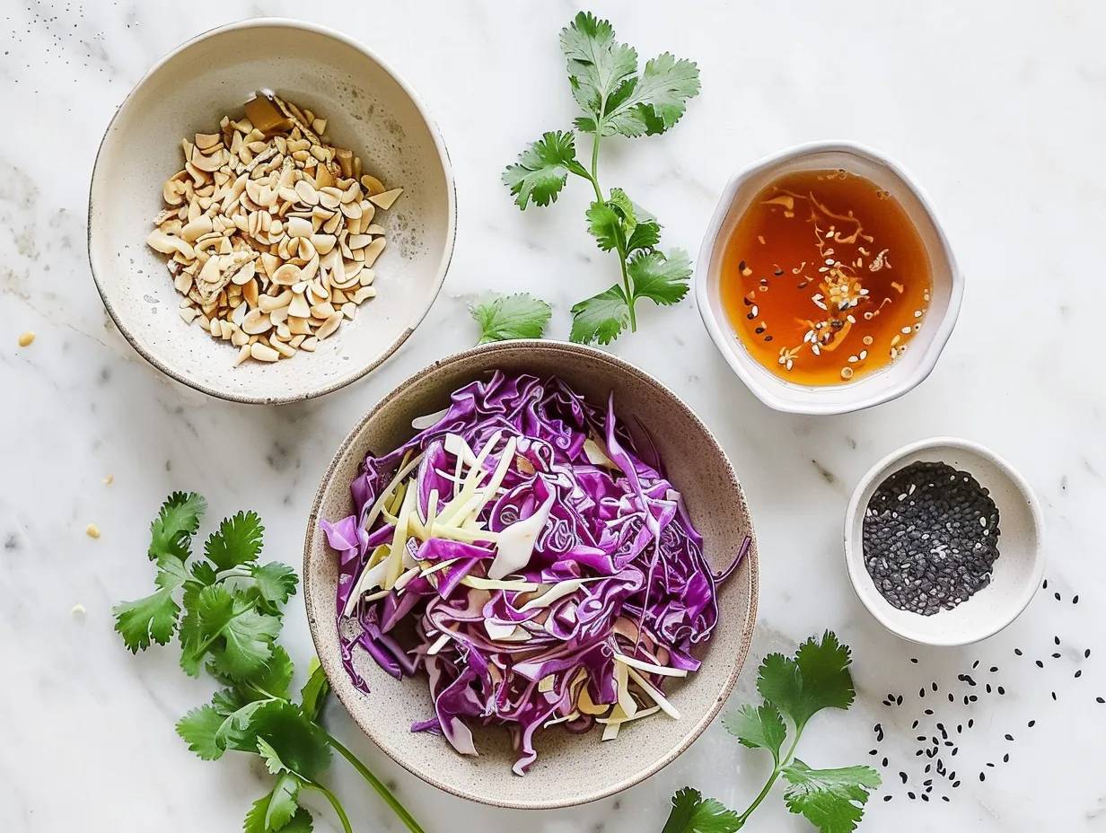 fresh ingredients for sesame chicken cabbage crunch salad