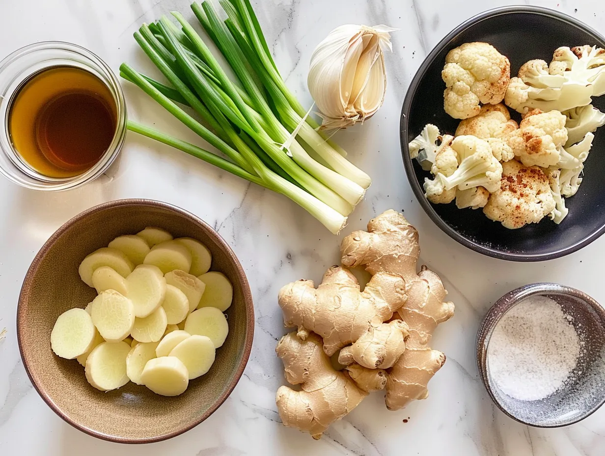 Fresh ingredients for Spicy Miso Ginger Chicken Bowl including chicken thighs, ginger, garlic, miso, and sauces.