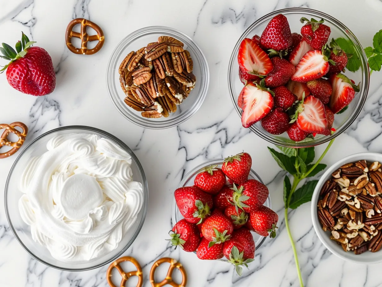 Fresh ingredients for strawberry pecan pretzel salad