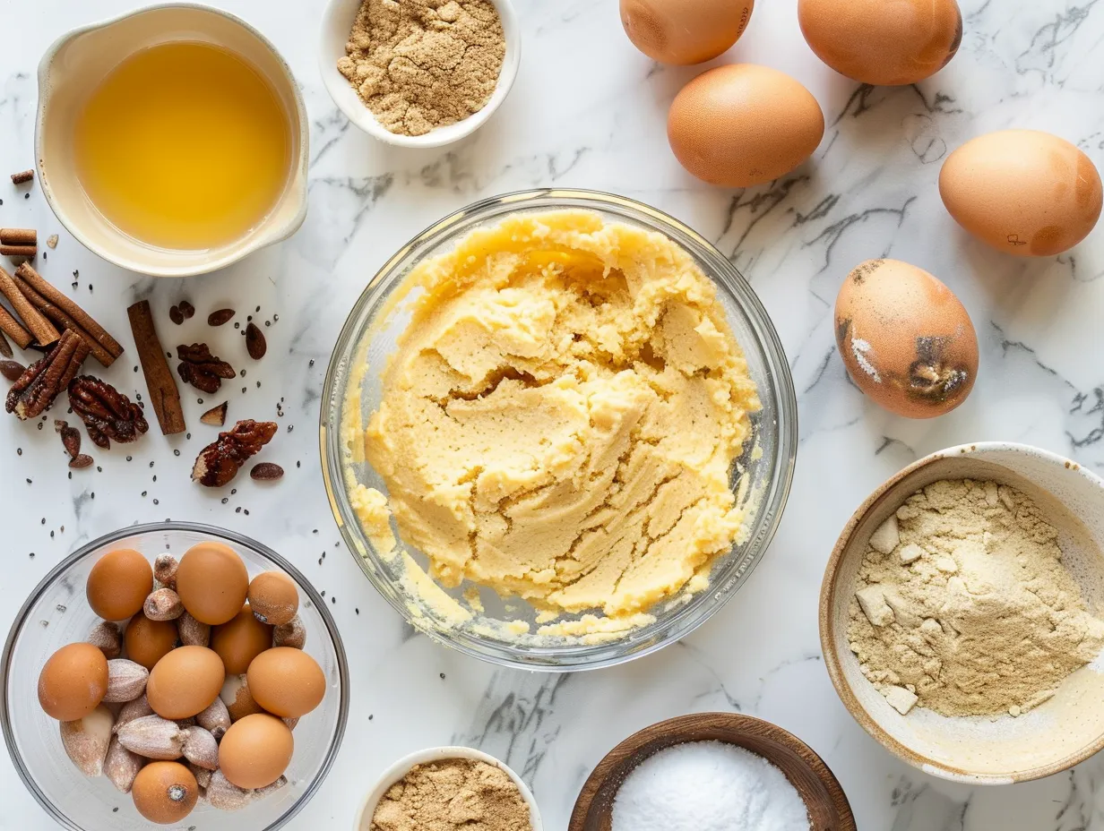 Fresh ingredients for sweet potato cornbread laid out on a wooden table, including sweet potatoes, flour, cornmeal, butter, and eggs.