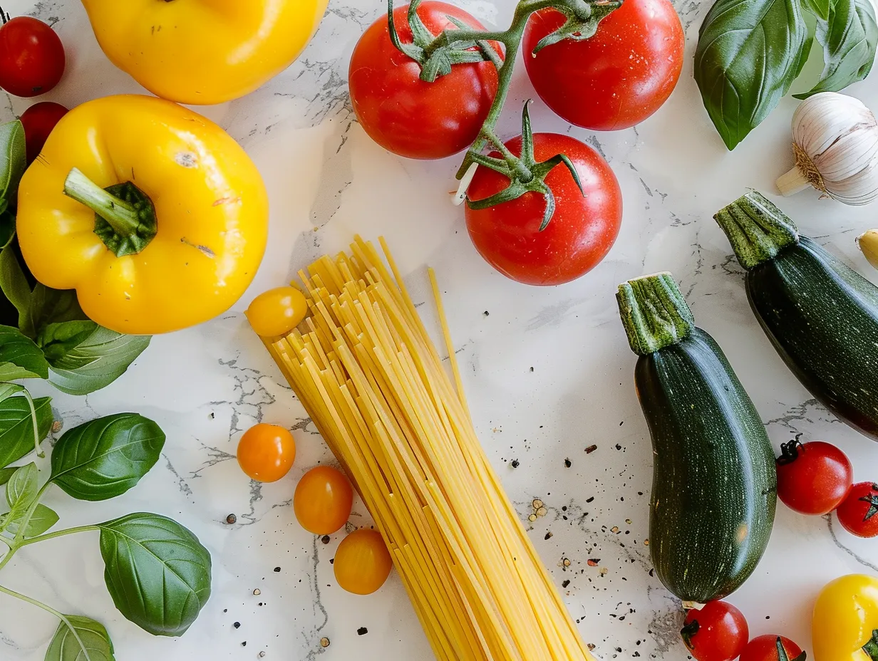 Fresh ingredients for Tomato Zucchini Pasta