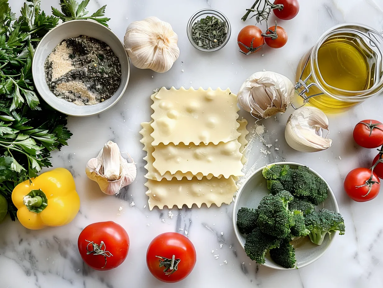Fresh ingredients for Vegetable Lasagna laid out on a kitchen counter, including various vegetables, cheese, and tomatoes.