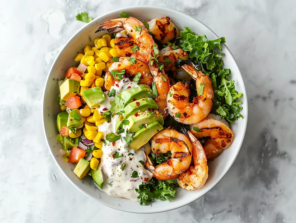 Fresh ingredients laid out for a grilled shrimp bowl including corn, avocado, lime, cilantro, shrimp, and spices.