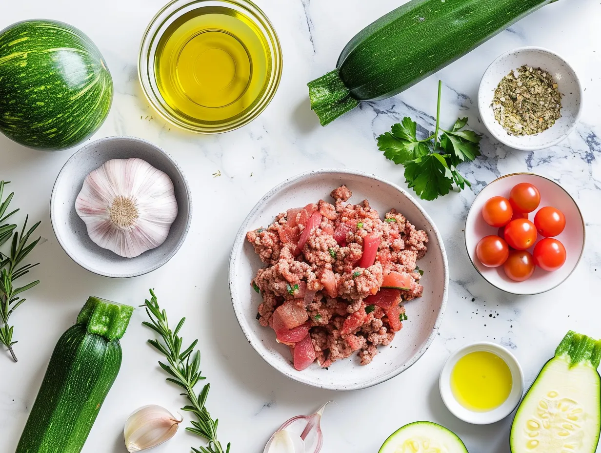 Fresh ingredients laid out for Ground Beef Zucchini Casserole including zucchini, ground beef, tomatoes, and cheese.