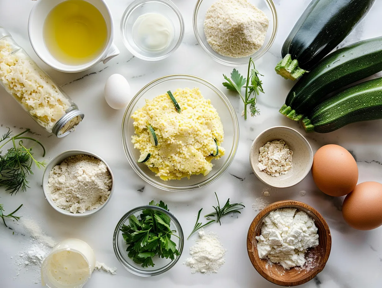 Fresh ingredients like zucchini, corn, butter, cheese, and herbs arranged on a wooden board.