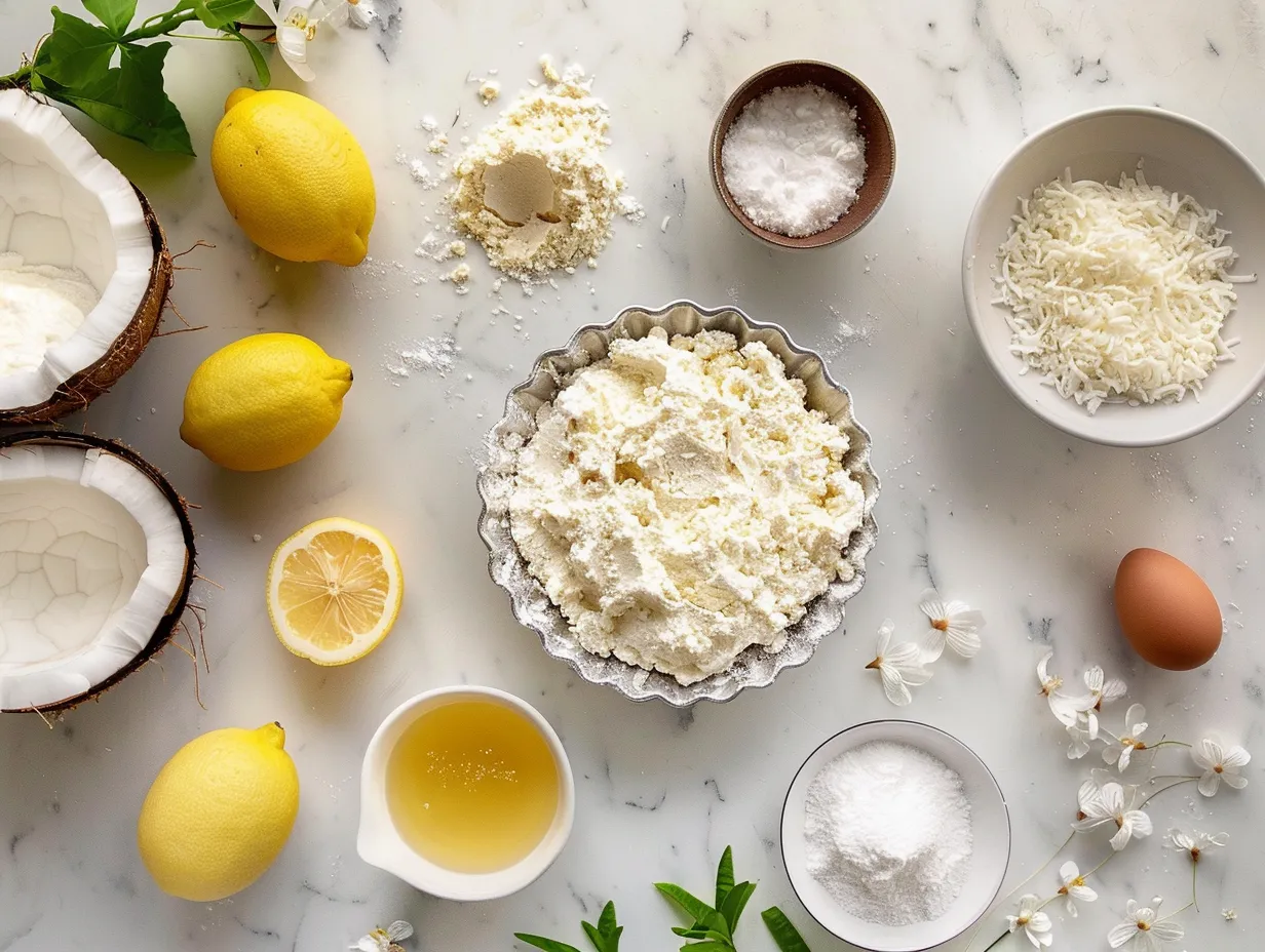 Fresh pie ingredients, including lemons, coconut, and cream, beautifully arranged on a marble surface, ready for baking.