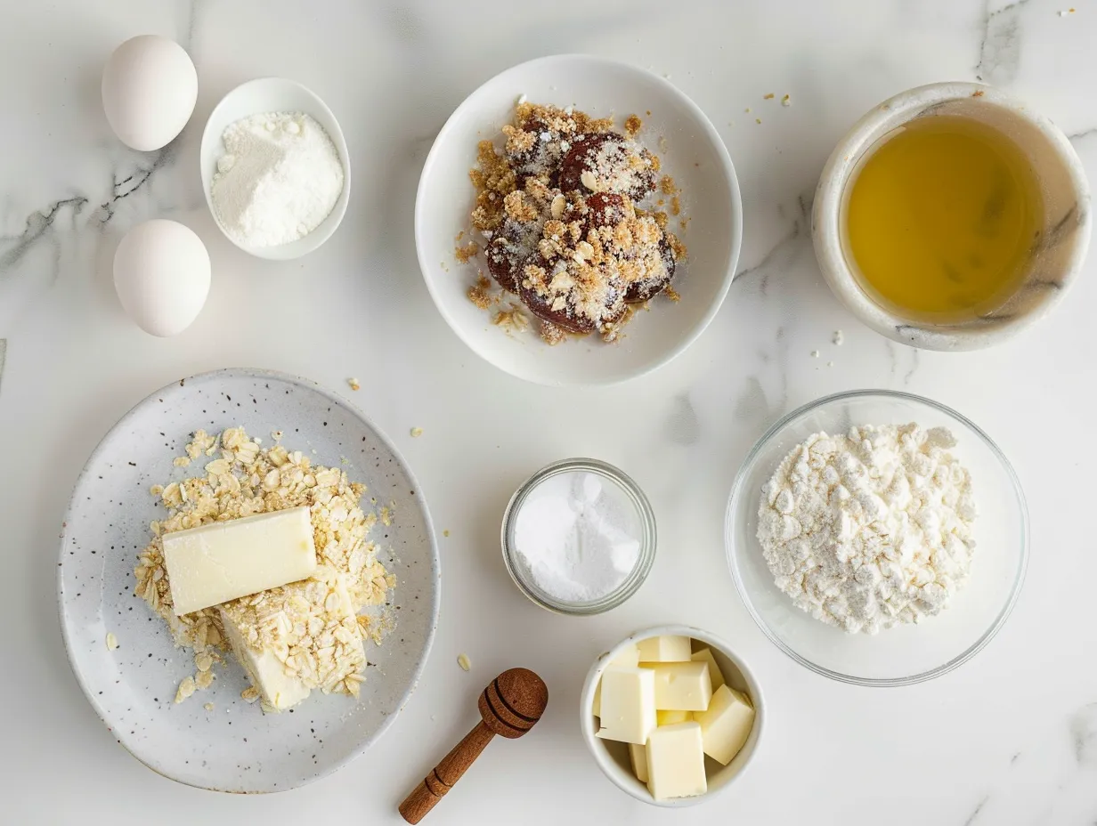 Fresh Plums And Crumble Ingredients On White Marble