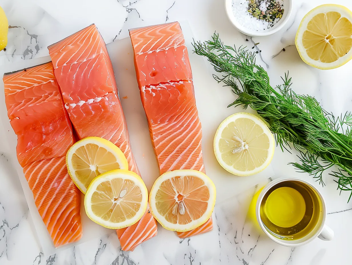 Fresh ingredients for making oven-baked salmon