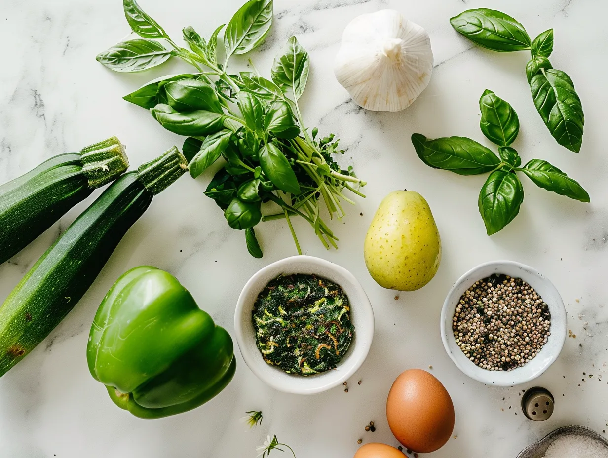 Fresh ingredients for Crispy Zucchini Fritters, including zucchini, eggs, flour, and herbs