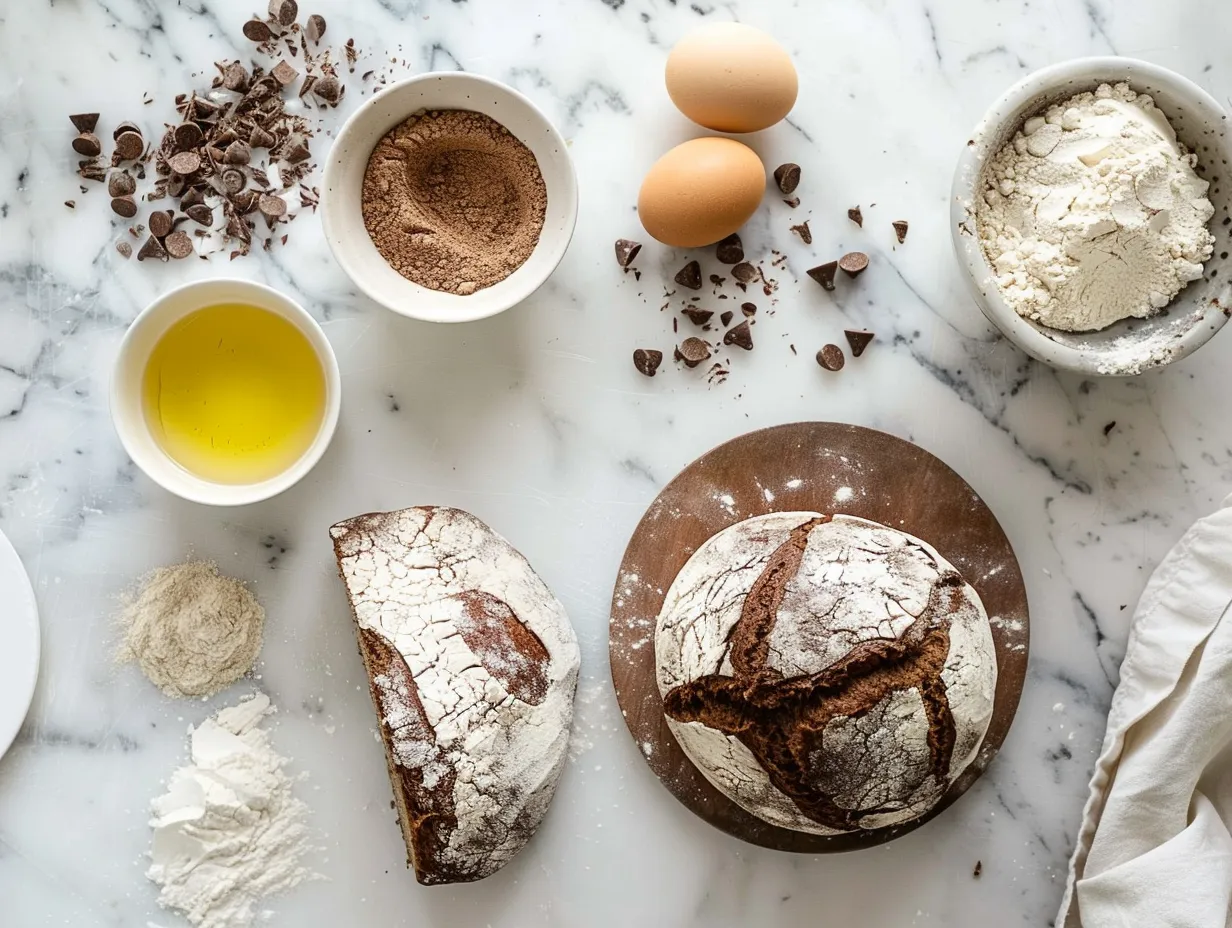 A collection of ingredients laid out on a kitchen counter, including flour, yeast, salt, water, and chocolate chunks, ready for making chocolate chunk dutch oven bread.