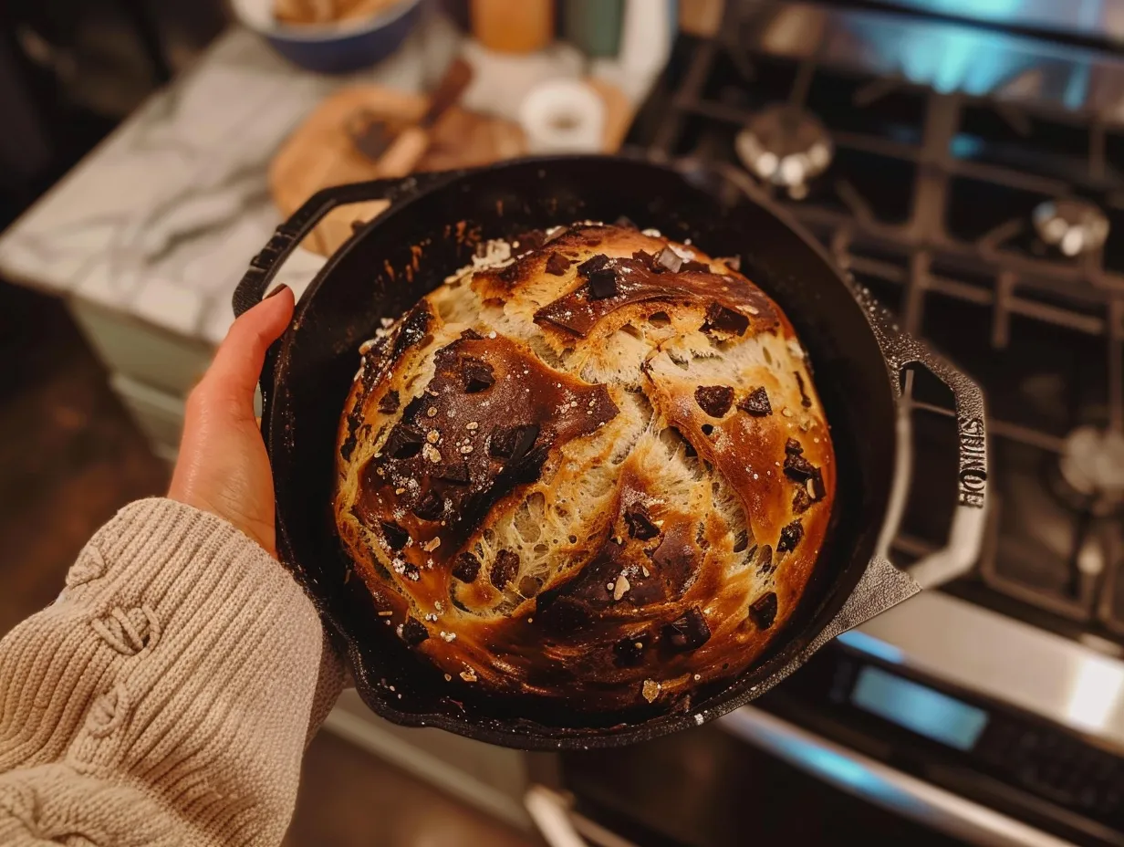 A freshly baked, glorious loaf of chocolate chunk Dutch oven bread cooling on a wire rack, with a rich, golden-brown crust and visible melted chocolate chunks.