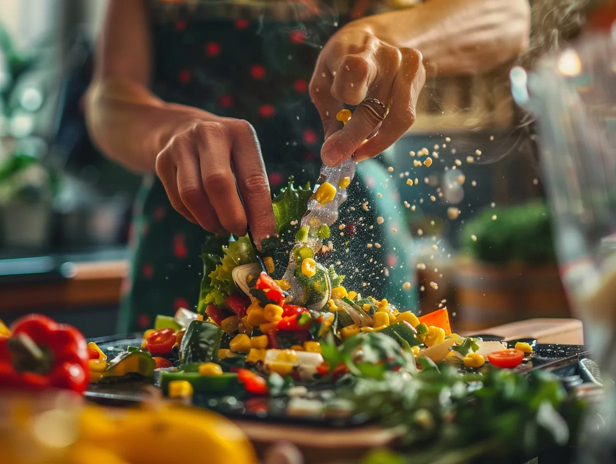 Grilling corn, bell peppers, and onions, and then assembling the cowboy salad in a bowl.