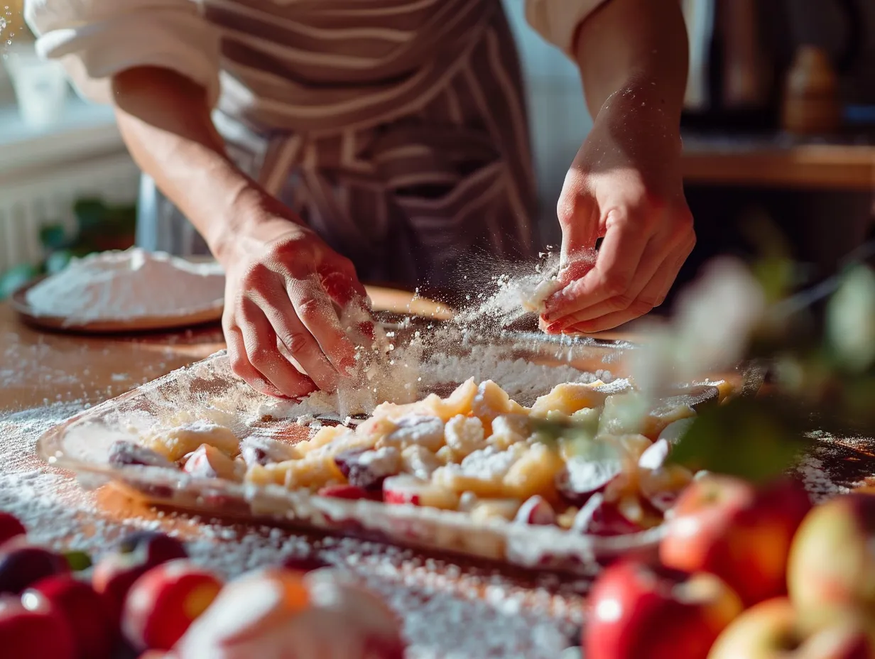 hands making plum cobbler bars