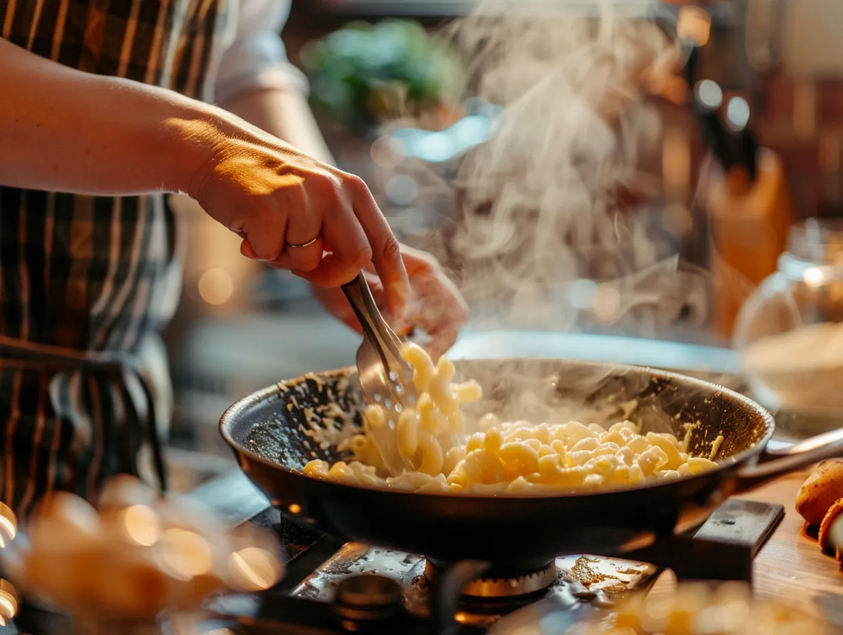 hands mixing cheese sauce in a pot on the stove for southern baked mac and cheese