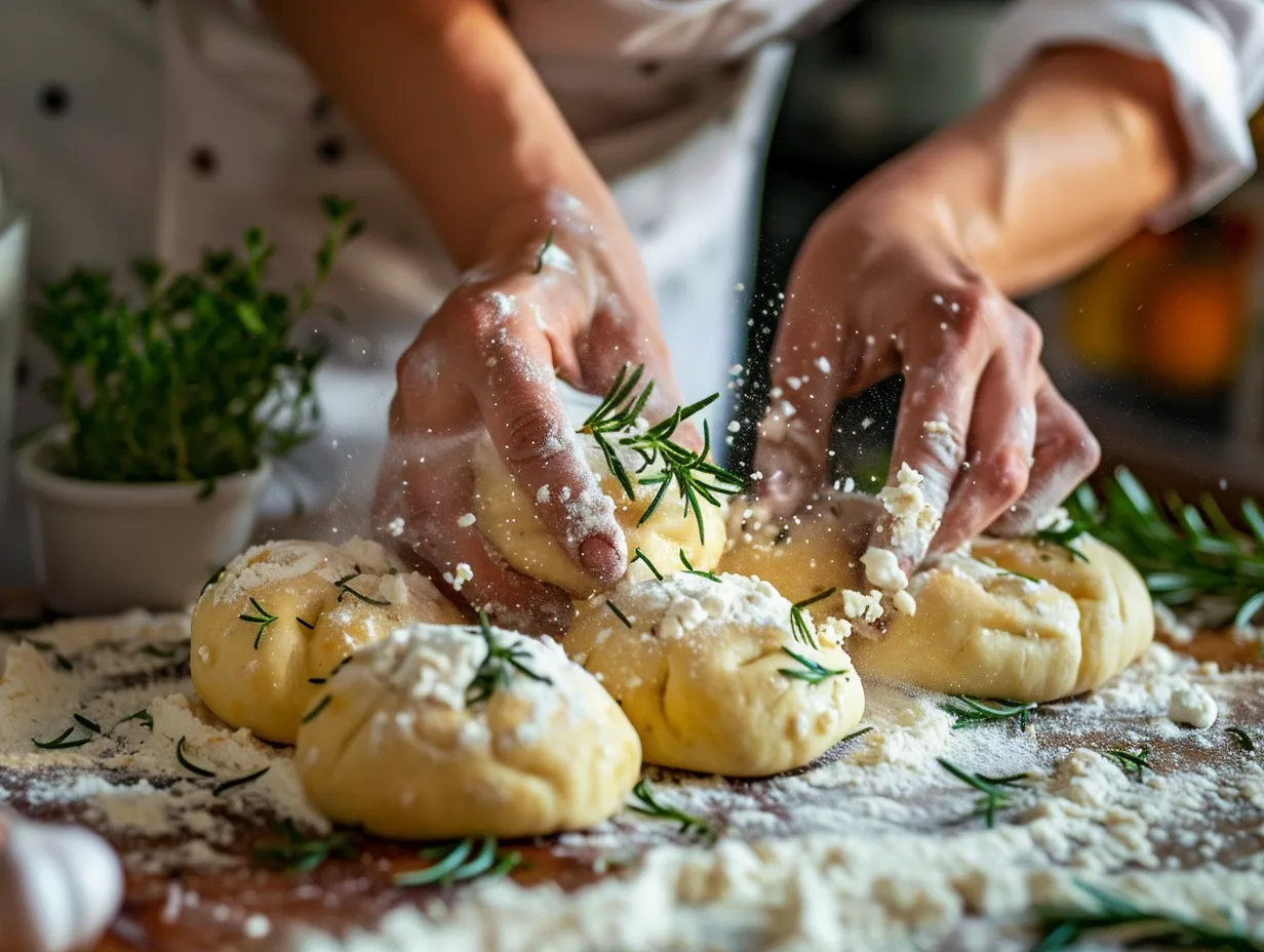 Close-up of hands gently pressing dimples into focaccia dough in a muffin tin, preparing them for baking.