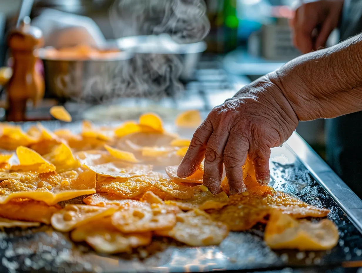 Hands preparing fried cheese stuffed Doritos, showing the process of coating string cheese with crushed Doritos on a baking sheet.