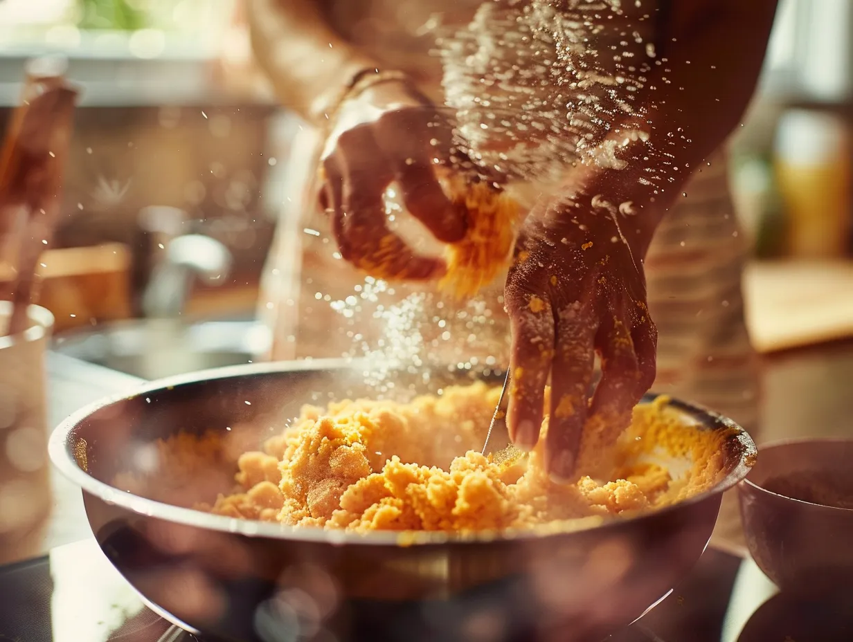 Hands mixing sweet potato cornbread batter in a bowl, showcasing the active preparation process.