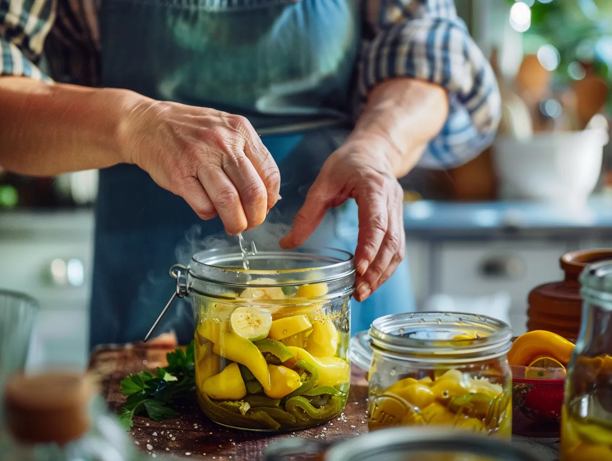 Hands Pickling Banana Peppers in the Kitchen