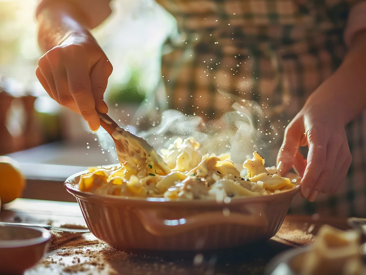 hands preparing alfredo chicken bake