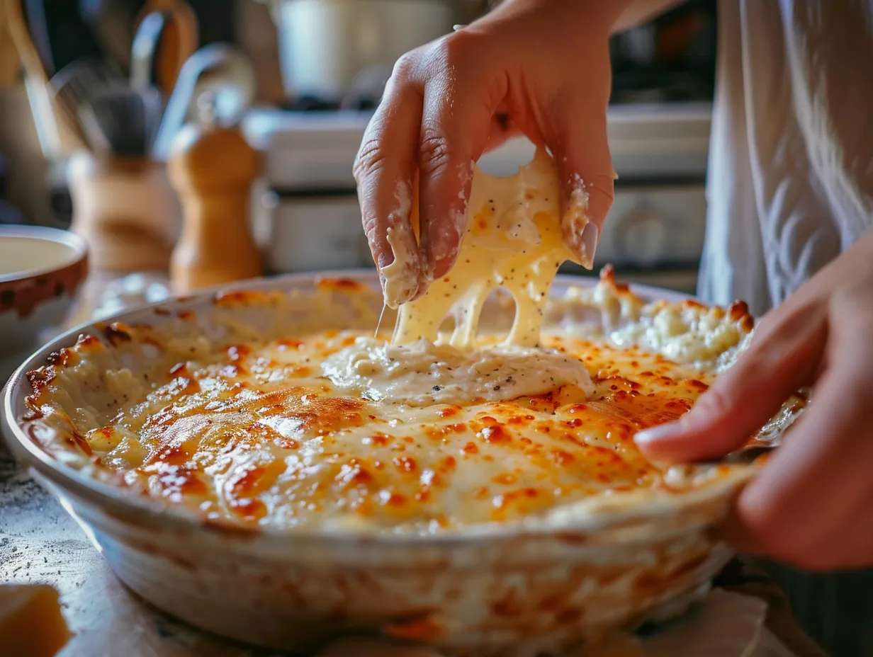 hands preparing baked texas trash cheese dip