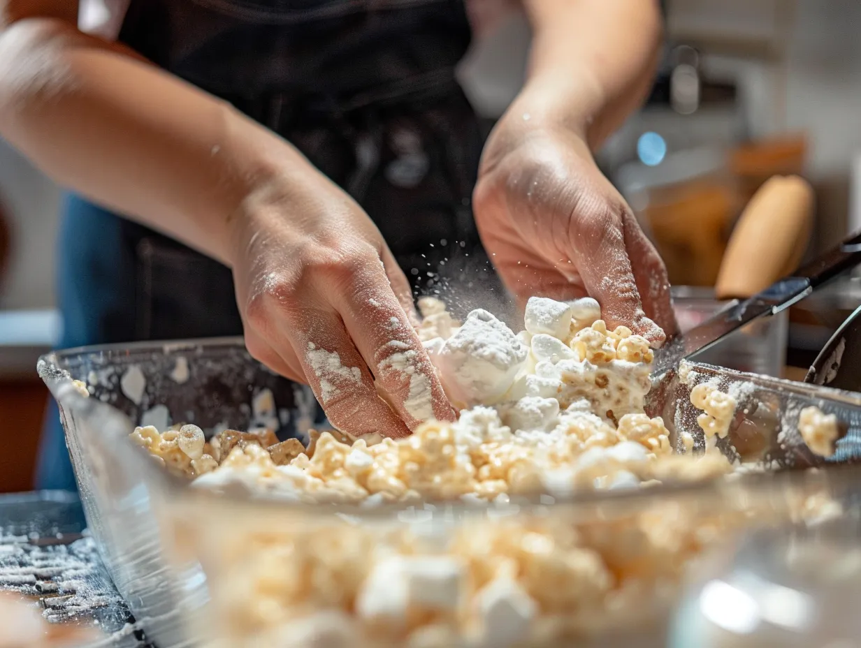 hands preparing banana pudding rice krispie treats