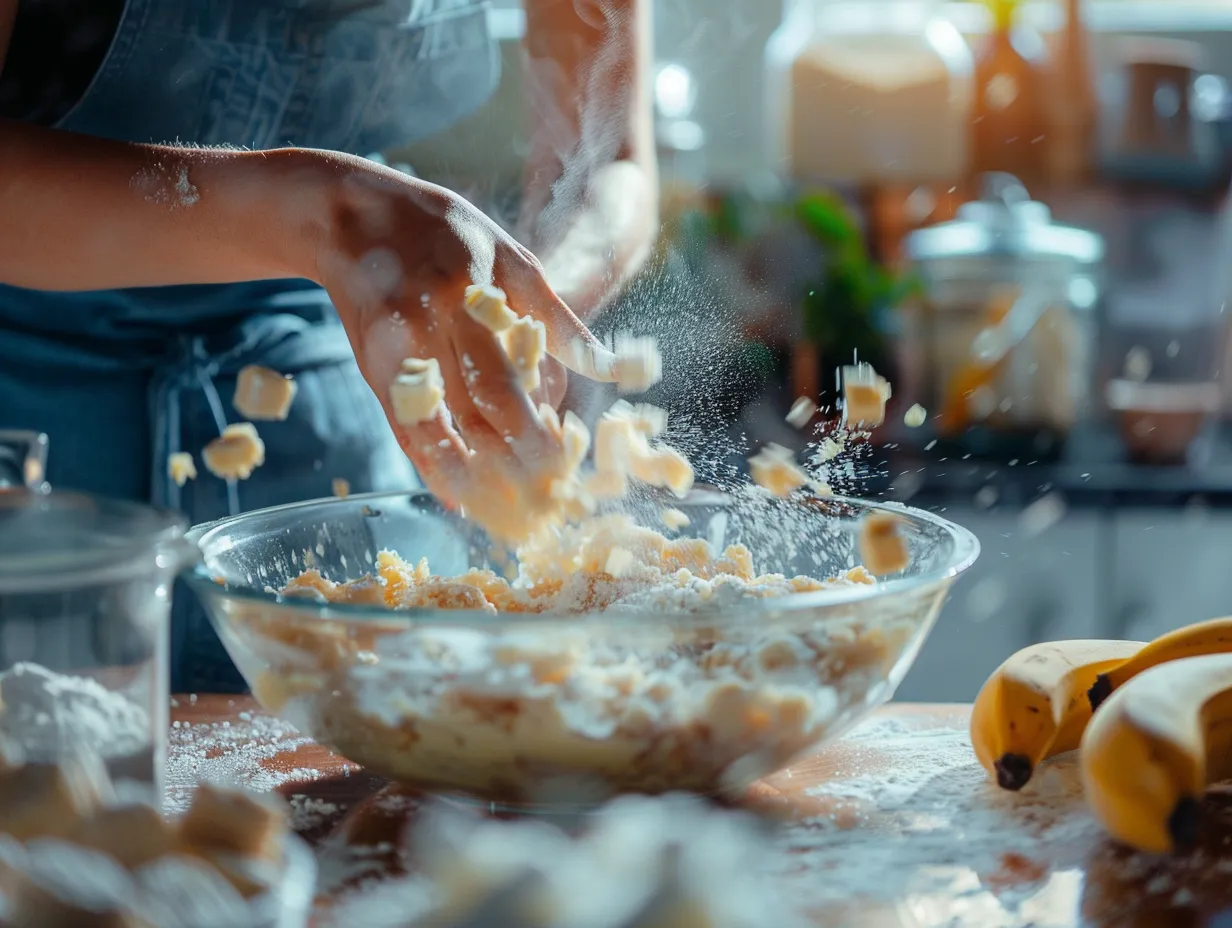 Hands Preparing Chewy Banana Blondies