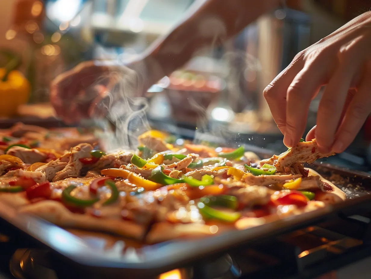 Hands Preparing Chicken Fajita Pizza