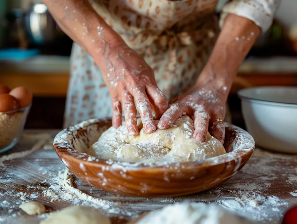 Hands preparing cinnamon focaccia dough