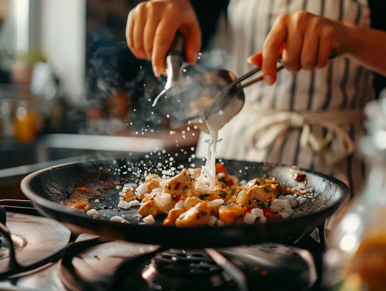 hands preparing coconut chicken chili