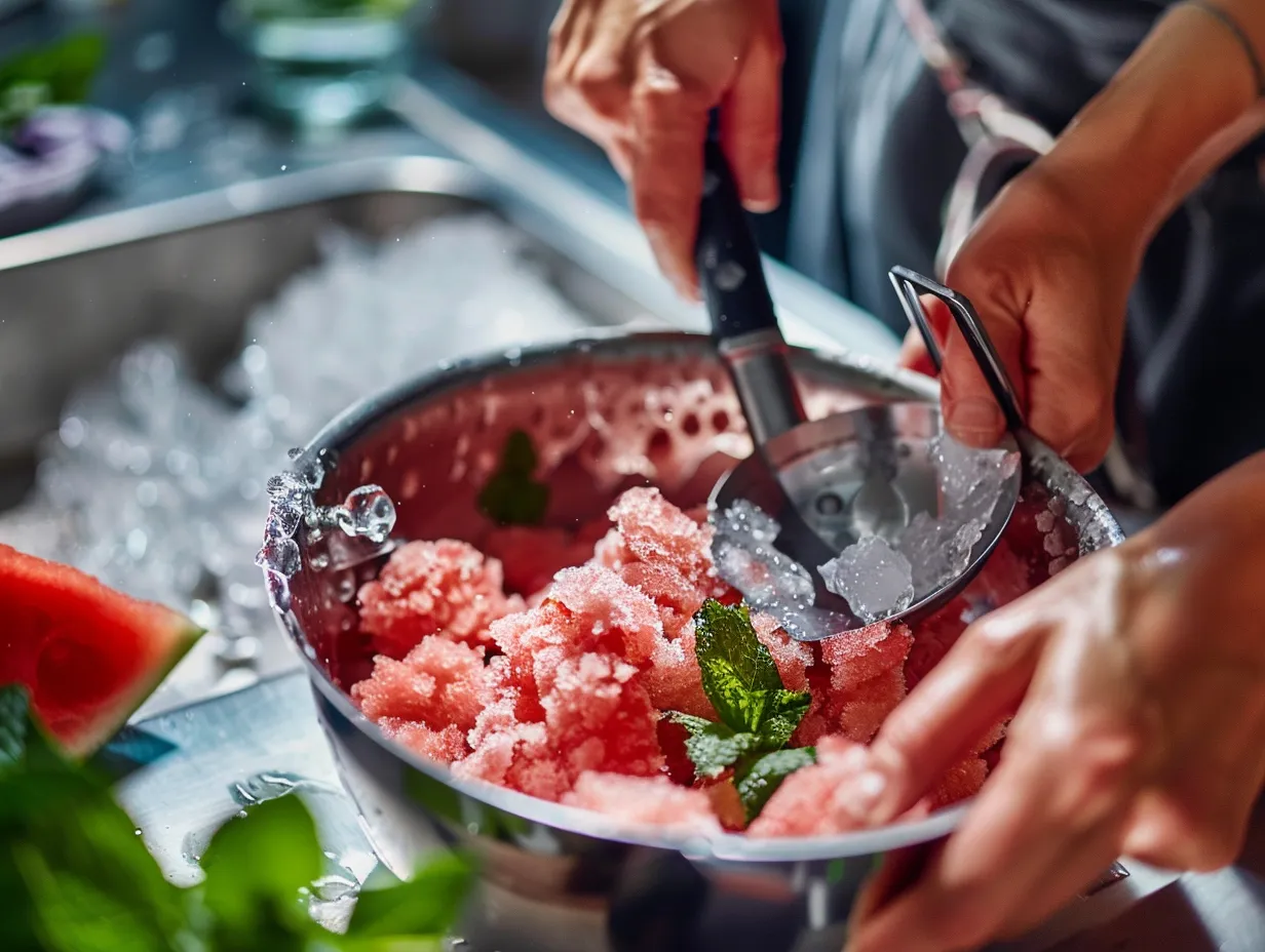 Hands Preparing Fresh Mint Ice Cream with Salted Watermelon Granita