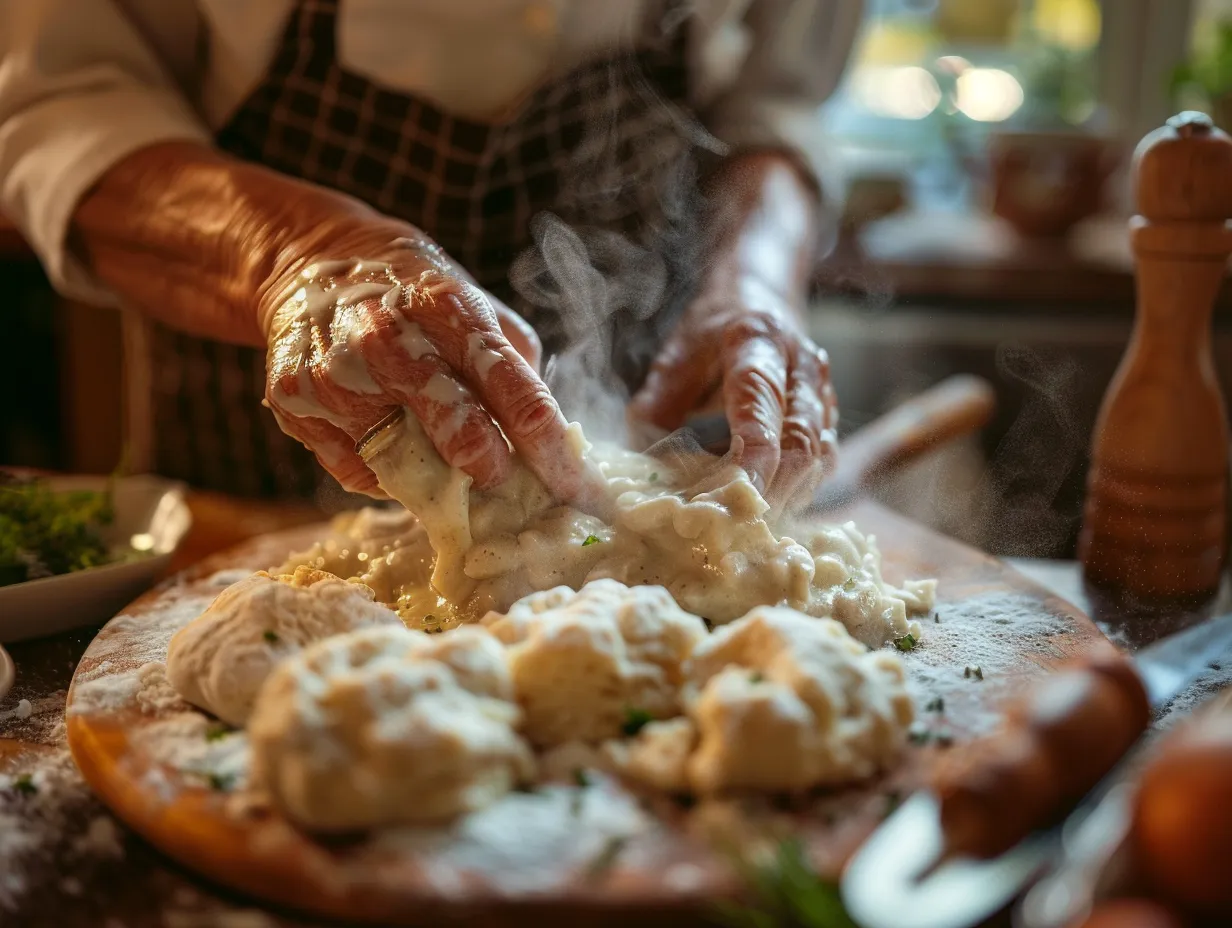 hands preparing homemade drop biscuits and sausage gravy