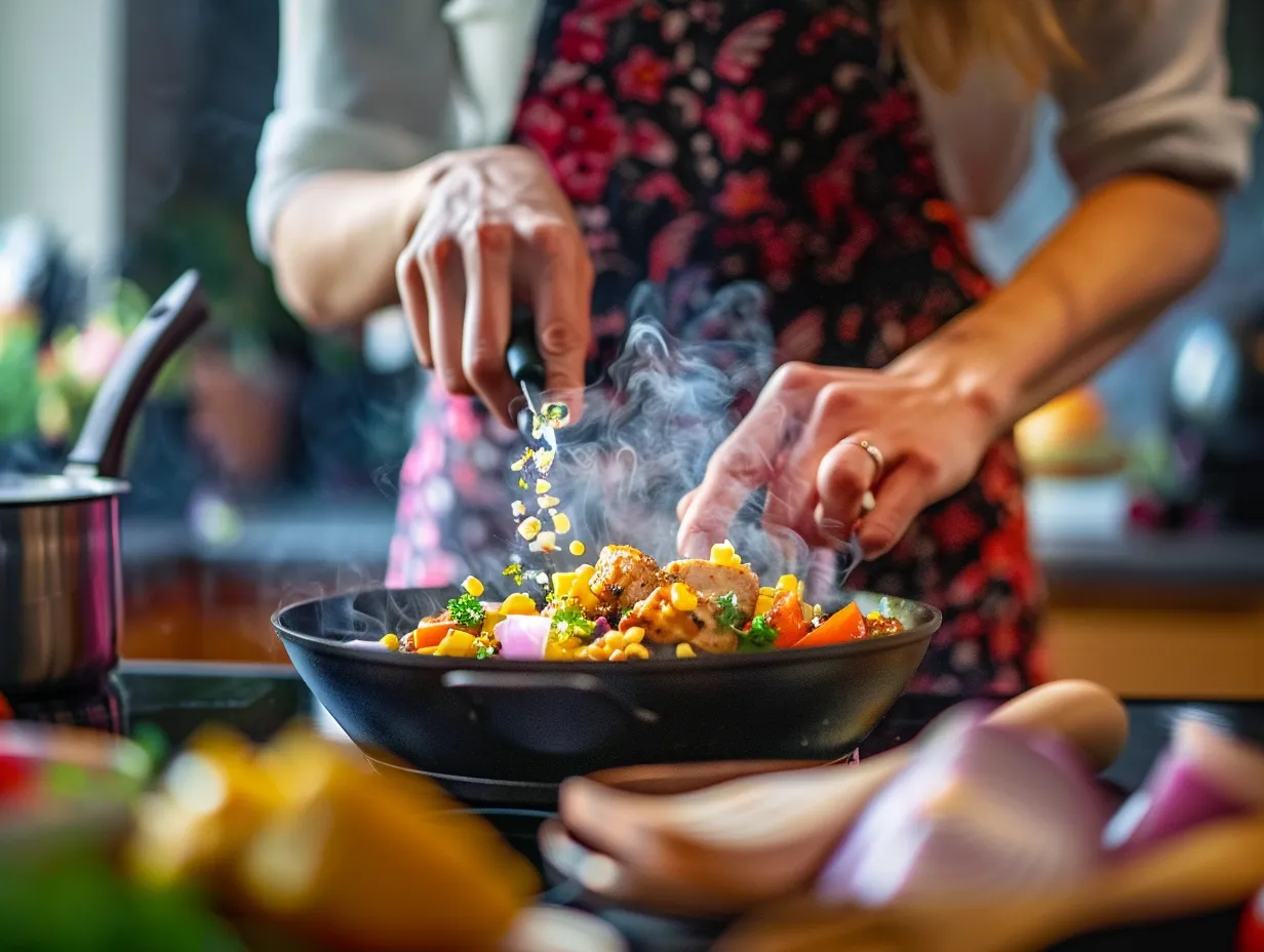 Hands preparing Honey Chipotle Chicken Bowls with Corn Salsa