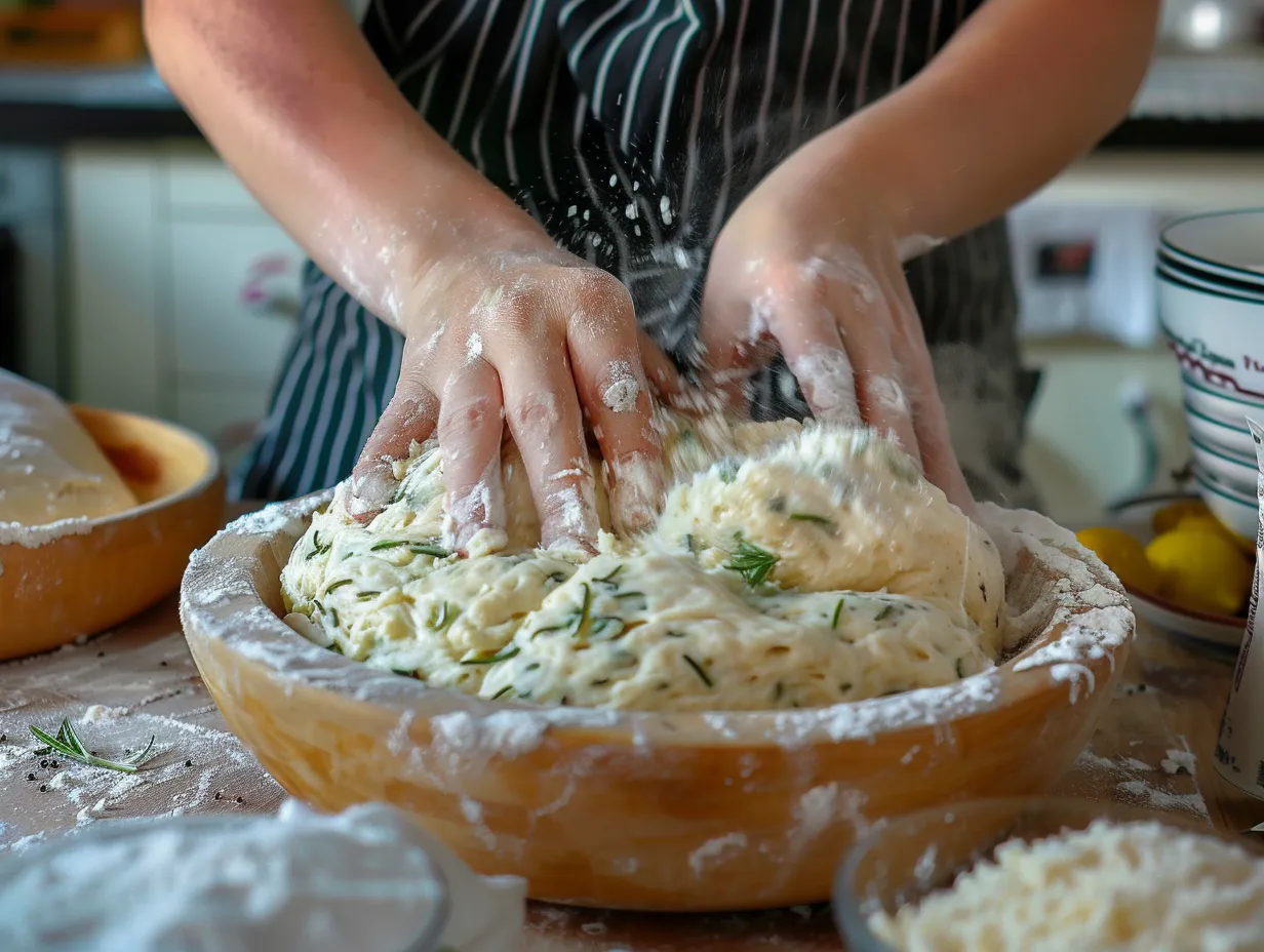 Hands preparing italian herb and cheese bread
