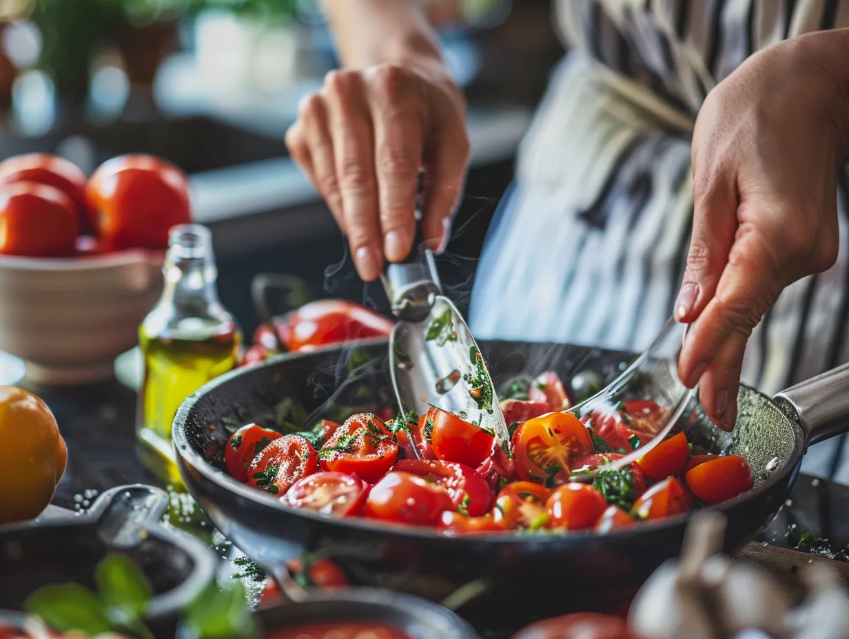 Hands tossing chopped tomatoes and herbs in a bowl