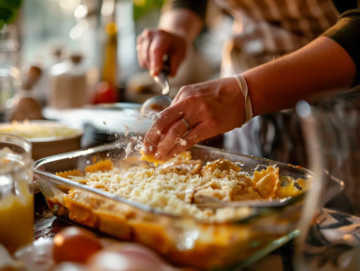 hands preparing million dollar ravioli casserole in kitchen