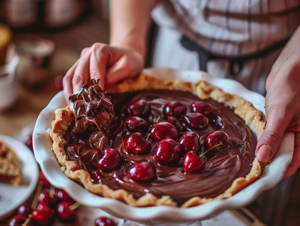 Hands preparing no-bake chocolate cherry cream pie