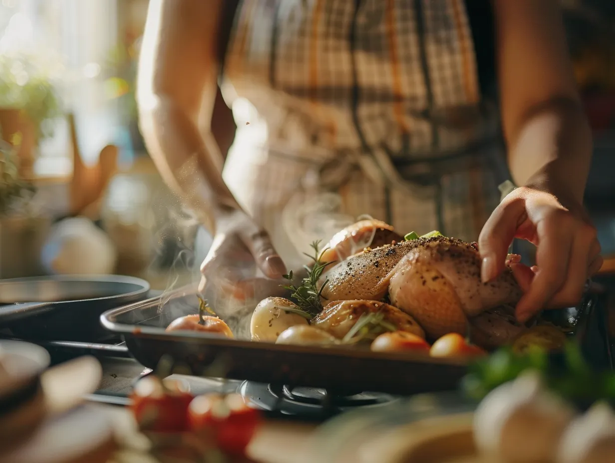 Hands preparing oven roasted chicken in the kitchen