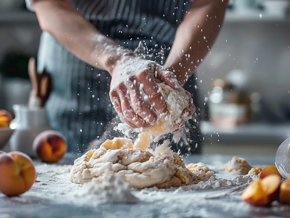 Hands preparing peach bread in the kitchen