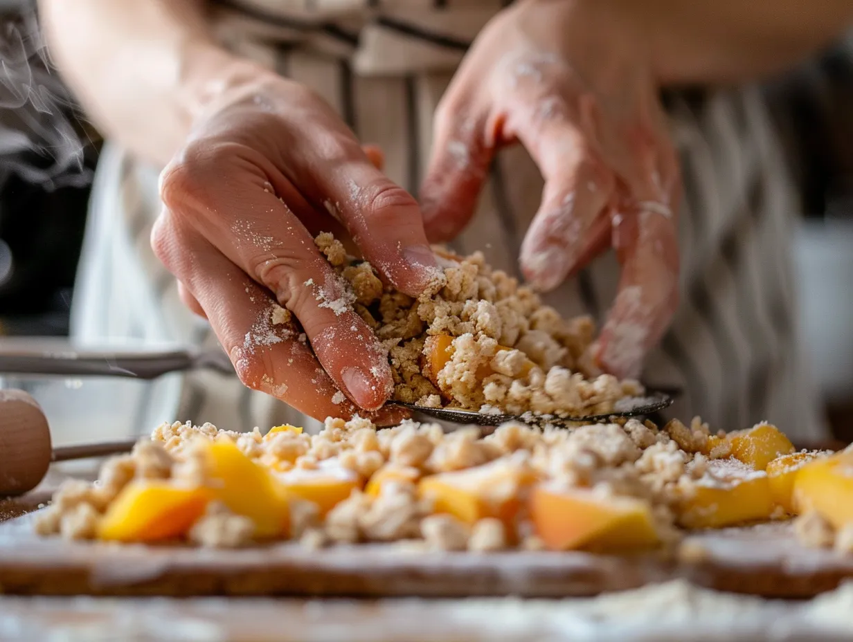 Hands preparing peach crumble bars in kitchen