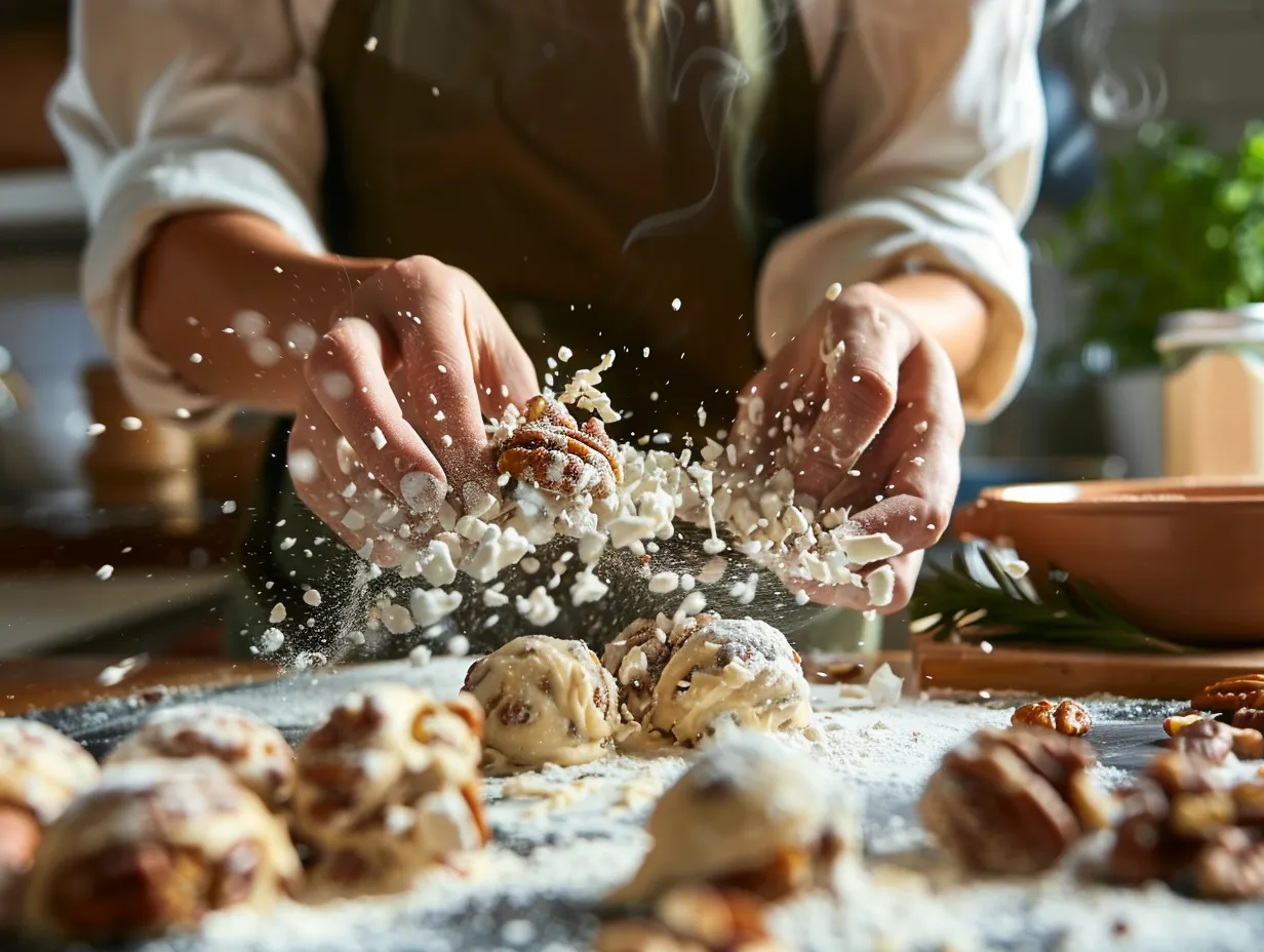 hands preparing pecan pie balls