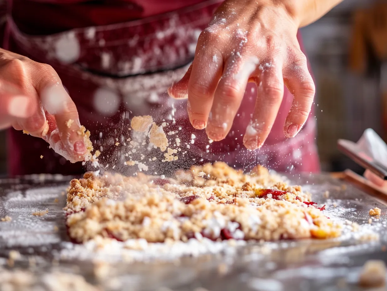 Hands Preparing Plum Crumble Bars In The Kitchen