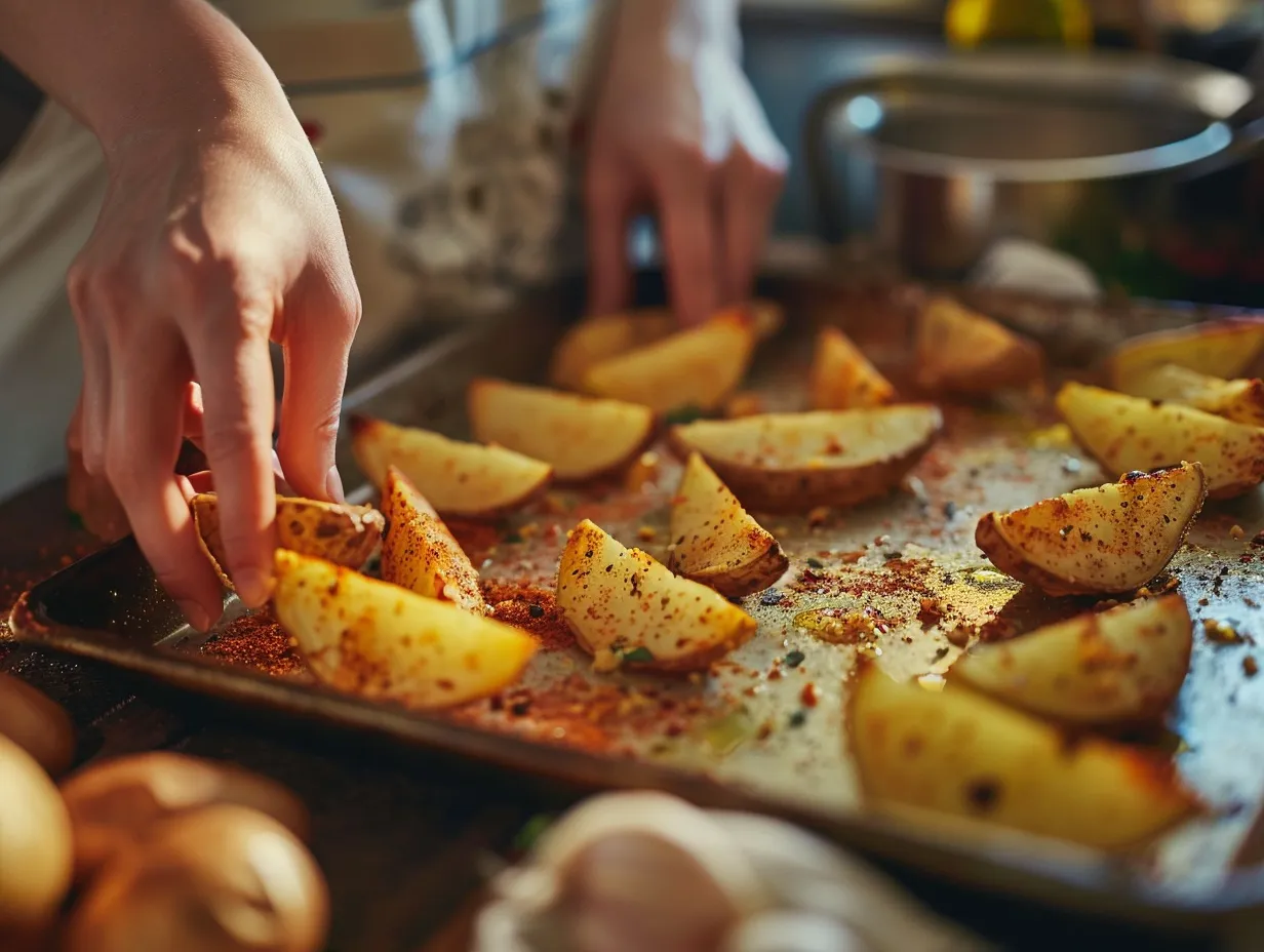 hands preparing potato wedges in kitchen