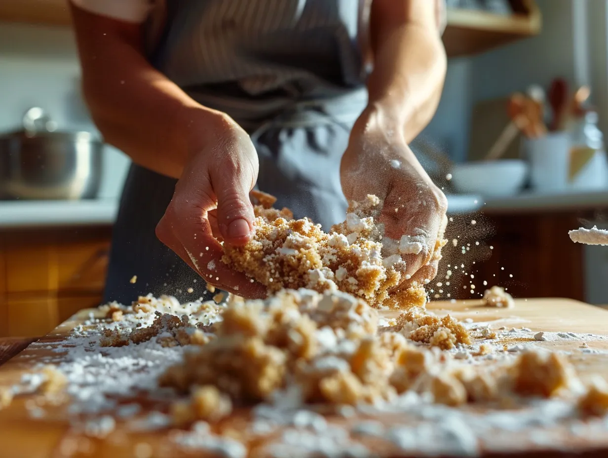 Hands preparing pumpkin spice crumb cake batter