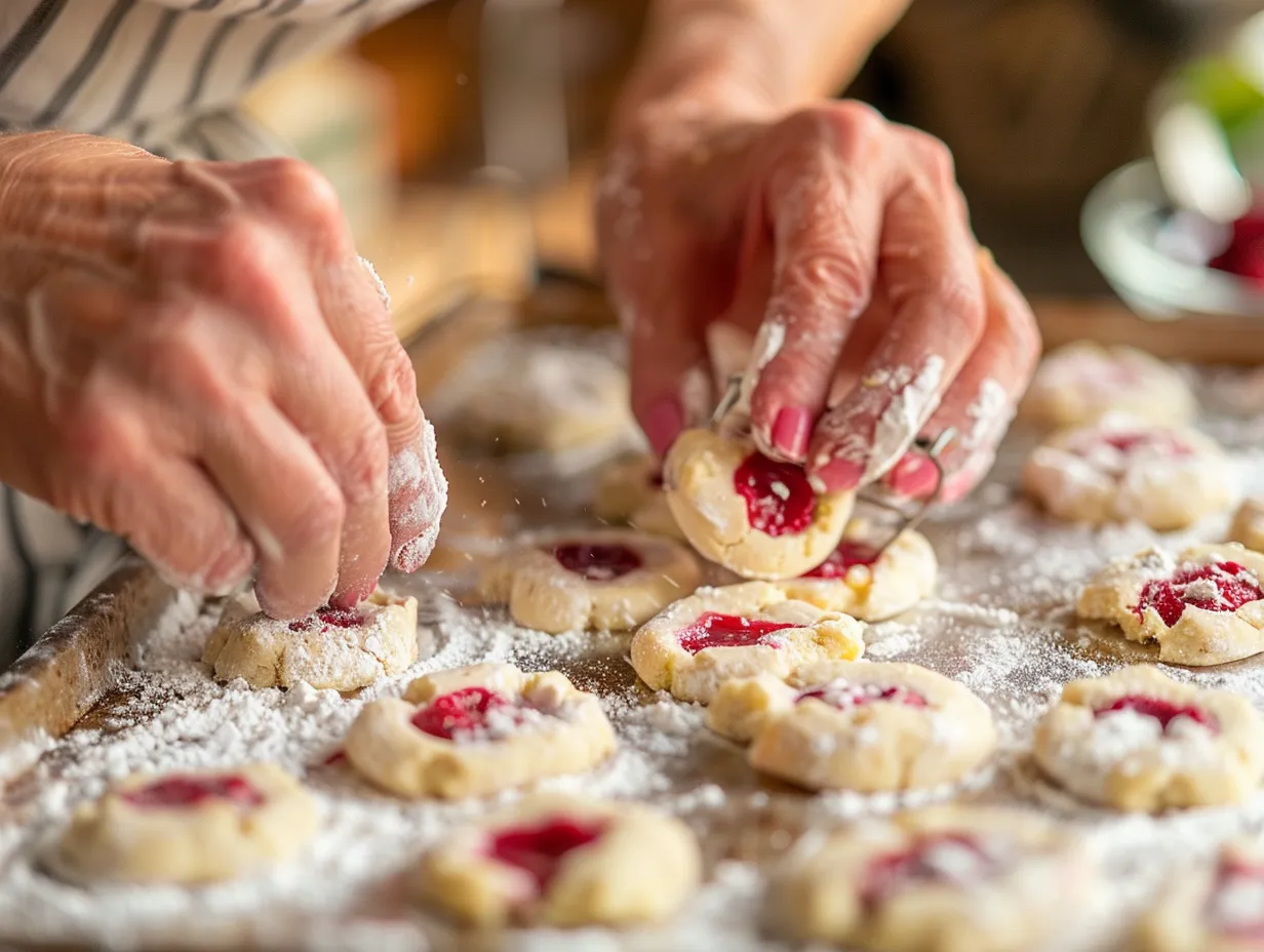 Hands preparing raspberry cheesecake thumbprint cookies