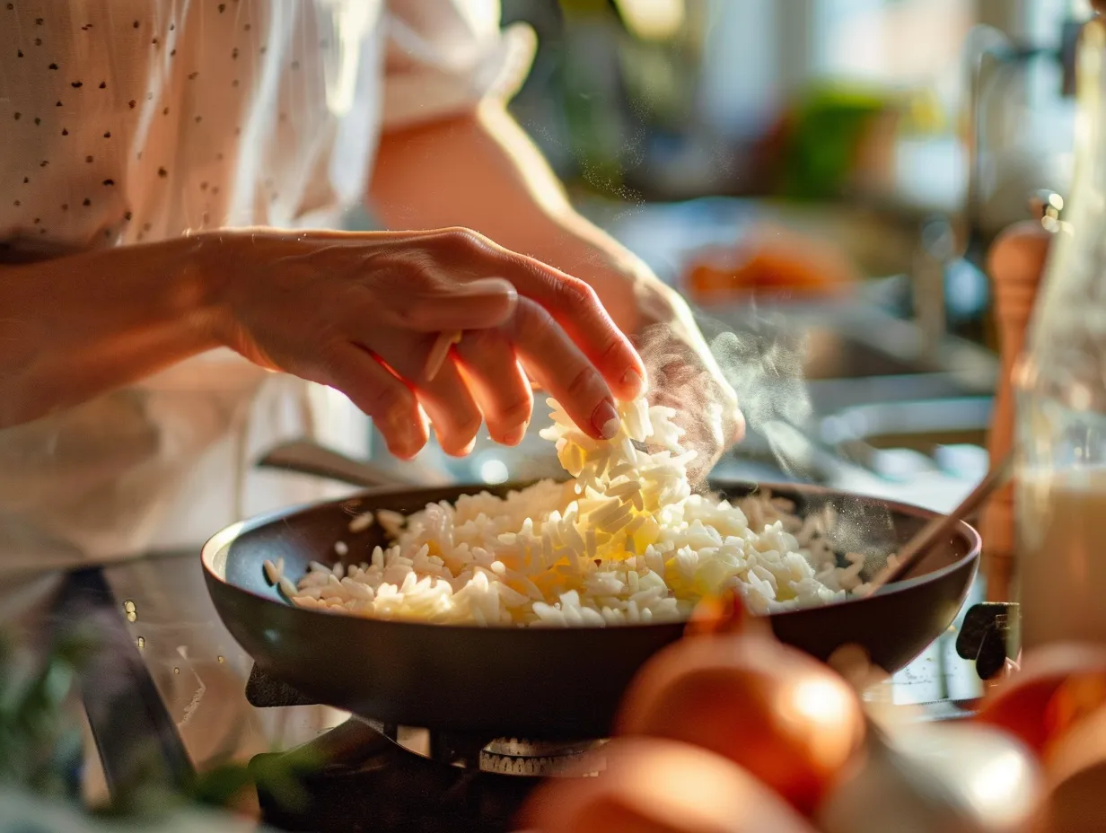 hands preparing rice pilaf in kitchen