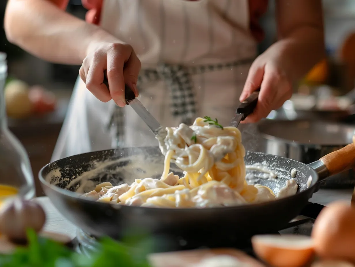 Hands preparing rotisserie chicken alfredo